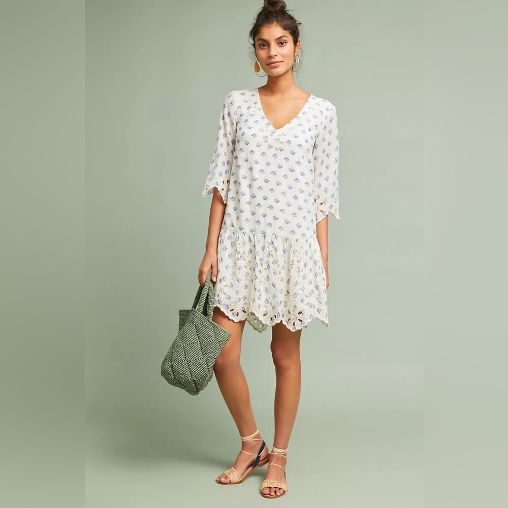 Anthropologie White and Blue Mini Dress